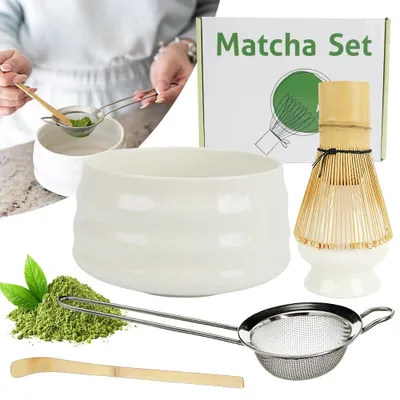 Image de Ensemble de préparation de matcha - 5 pièces - Céramique - Accessoires en bambou - Fouet en bambou - Cuillère - Tamis
