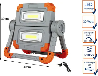 A portable LED work light with its dimensions and features highlighted.