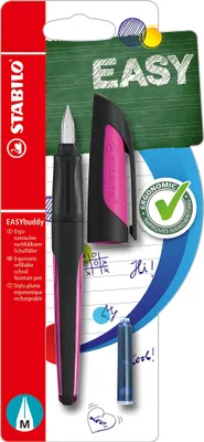 Zdjęcie produktu dla Szkolne pióro wieczne ze standardowym wkładem M - STABILO EASYbuddy w kolorze czarnym/magenta - kolor pisania niebieski (wymazywalny) - pojedyncze pióro - nabój w zestawie