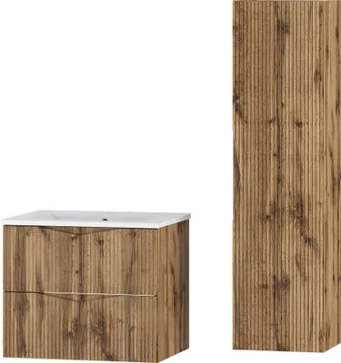 Produktbild von Badmöbel-Set 2-teilig mit 60 cm Waschtisch in Eiche mit gerillter Front - CALURI-140