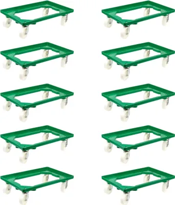 Produktbild von SparSet 10x Transportroller für Euroboxen 60x40cm mit Kunststoffräder grün | Offenes Deck | 4 Lenkrollen | Traglast 300kg | Kistenroller Logistikroller Rollwagen Profi-Fahrgestell