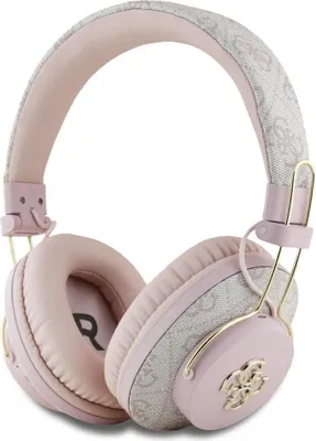 A pair of pink and beige wireless headphones with gold accents.