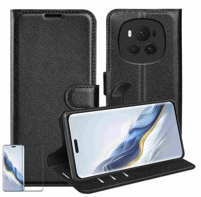 Produktbild von Für Honor Magic 6 Pro Handy Tasche Schwarz Etuis Kunst-Leder Hülle Case + 4D Curved H9 Hart Glas