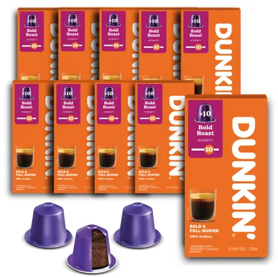 Obrázok produktu pre Dunkin' Donuts Bold Roast 100 kávových kapsúl | kompatibilné s kávovarom Nespresso®* Original Line | 100 % kávové zrná Arabica | tmavá, silná pražená káva |
