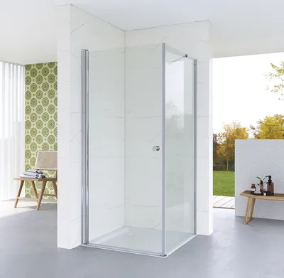 Produktbild von Duschkabine 75x80 cm Eckeinstieg Eckdusche Duschtür Drehtür Pendeltür Schwingtür mit festem Seitenteil und Seitenwand aus Sicherheitsglas (ESG) 5 mm klar Höhe 187 cm rahmenlos Chrom-Optik spritzwasserdicht variable Breite barrierefrei