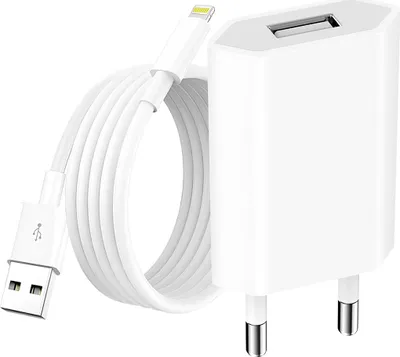 A white USB wall charger and a white Lightning cable are displayed against a white background.