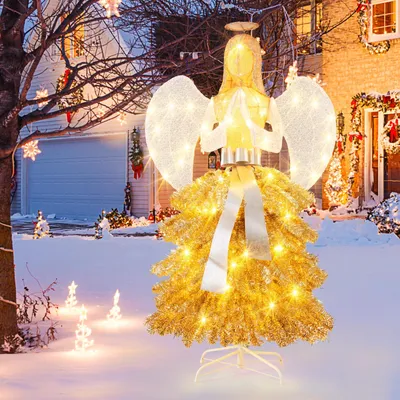 Produktbild von GOPLUS 157 cm großer LED Engel im Kleid, beleuchteter Weihnachtsengel warmweiß mit LED-Lichtern, Weihnachtsdekoration, Figur Engel für Außen & Innen