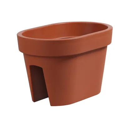 A single terracotta-colored oval balcony planter box is shown against a white background.