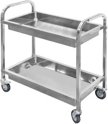 Immagine prodotto di Carrello di servizio in acciaio inossidabile, a 2 ripiani, dimensioni 95x50x95 cm, dotato di 4 ruote piroettanti con freno, colore argento, ideale per ristorazione e cucina