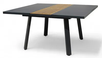 Produktbild von ALEOS. Aluminium Glas Teakholz Gartentisch Ausziehtisch 110 auf 150 cm ausziehbar x 150 cm Tisch Esstisch Glastisch Aluminiumtisch TRINIDAD mit Ausziehfunktion quadratisch