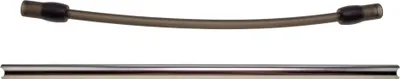 A dark gray tube with black connectors and a silver tube are laid out against a white background.