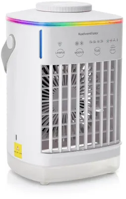 Obrázok produktu pre Mini zvlhčovač vzduchu – prenosný ventilátor – 4 v 1 – chladič vzduchu – stolný ventilátor – 4 rýchlosti – 2 stupne zvlhčenia – časovač – odolný voči vode – na použitie doma, v kancelárii alebo na cestách – biely