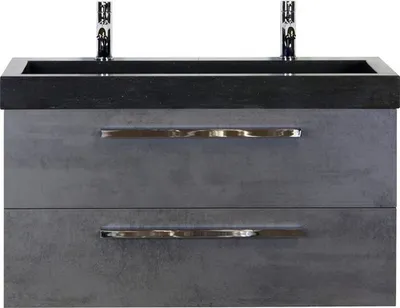Produktbild von Sanox Badmöbel-Set Seville BxHxT 101 x 58 x 45,5 cm Frontfarbe betonanthrazit mit Doppel-Waschtisch Naturstein schwarz G