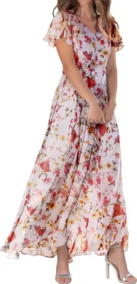 Produktbild von ASKSA Damen Sommerkleid Blumendruck Lang Ruesche Kurzarm V Ausschnitt Strandkleider Boho Beach Midikleid Freizeitkleid (Leuchtend Rosa,L)
