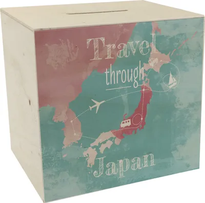 Produktbild von Spardose aus Holz mit Japan Karte und Spruch - travel through Japan