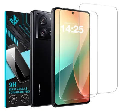 A product shot featuring a smartphone and two screen protectors, with packaging in the background.