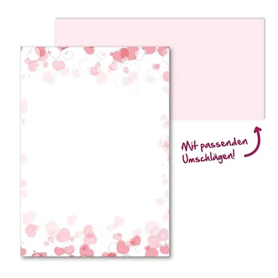 Produktbild von Briefpapier Set romantisch I Briefbögen mit Umschlag I 50 Blatt in DIN A4 I Rosa Herz Motiv-Papier I Liebe Hochzeit Valentinstag Einladung I dv_157