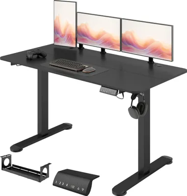 Zdjęcie produktu dla Biurko komputerowe Vinsetto 140 x 70 cm z regulacją wysokości i 4 ustawieniami pamięci. Ergonomiczne biurko do pracy na siedząco i stojąco z hakiem, antykolizyjne, czarne.