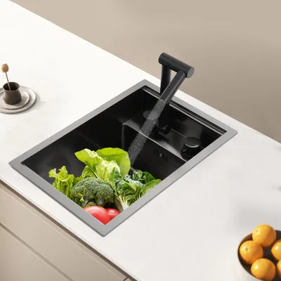 Zdjęcie produktu dla Zlewozmywak kuchenny ze stali nierdzewnej z kranem 360° i pokrywą Zlewozmywak podblatowy 45*30*23cm Szary