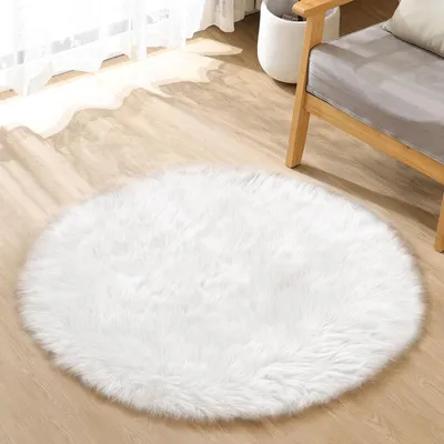 Obrázok produktu pre Okrúhly koberec 90 cm, biely, chlpatý shaggy koberec, umelá ovčia koža, do spálne
