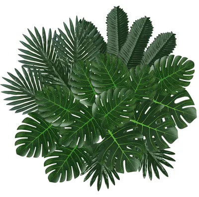 Image de Lot de décoration de 54 pièces avec des plantes de la jungle pour les murs, 6 feuilles de palmier différentes, lot de feuilles de tortue, feuilles vertes artificielles, décoration d'intérieur, décoration de fête hawaïenne, anniversaire sur le thème de la jungle et de l'été
