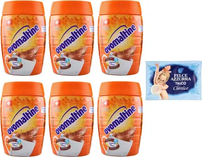 Produktbild von 6er-Pack Ovomaltine Malzhaltiges Getränkepulver Kakaogeschmack 400g + 1er-Pack Felce Azzurra Talkumpuder, 100g-Beutel