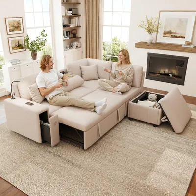 Zdjęcie produktu dla Rozkładana sofa narożna Merax w kształcie litery L, z funkcją spania, pufą, składanym stolikiem kawowym, złączami USB i Type-C oraz lampką do czytania, kolor beżowy
