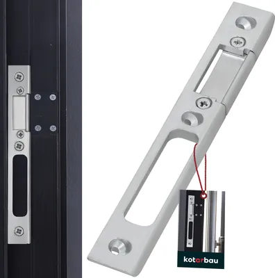 A product shot of a door lock strike plate, with a close-up of the product on the left and a separate shot of the strike plate on the right.