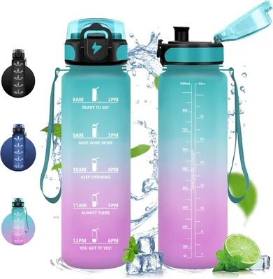 Produktbild von Trinkflasche 1 Liter, mit Motivation, Zeitmarkierungen, BPA-frei, auslaufsicher, für Kinder