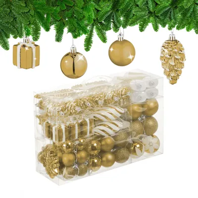 Immagine prodotto di Set da 72 palline natalizie Relaxdays, palline scintillanti, opache e lucide, stivaletti, cuori e pigne, plastica, oro