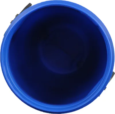 A top-down view of the inside of a blue plastic bucket.
