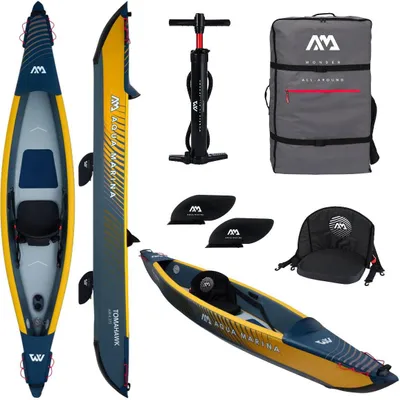 A collage of images showing an inflatable kayak and its accessories.