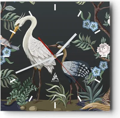 Produktbild von Wanduhr - Quadrat - Glasuhr - Asiatisch Reiher Blumen - 30x30cm - Schleichendes Uhrwerk - Lautlos - zum Aufhängen bereit - Dekoration Modern - Wanddekoration aus Glas - C3AC30x30-4699