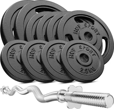 Produktbild von Hop-Sport Gusseisen Hantel-Set 57kg SZ-Stange 30mm, 1x Curlstange  120cm, Gewichte 2x10kg, 4x5kg, 4x2,5kg