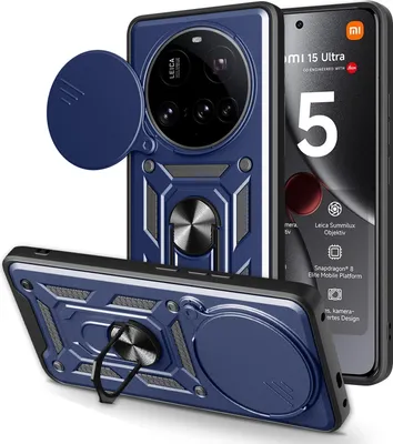 Multiple views of a blue phone case with a camera cover and ring holder, displayed alongside a phone.