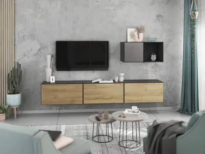 Produktbild von Wohnwand VARIANTO 5 Schrank Set 5 tlg., 228 cm, anthrazit matt / anthrazit matt / Evoke Eiche M2, Wandhängend, 3 Schränke mit Klappen, 1 Schrank mit Tür und 1 Regal