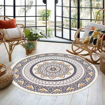 Productafbeelding van Famanu vloerkleed, rond, 120 cm - Retro design met franjes