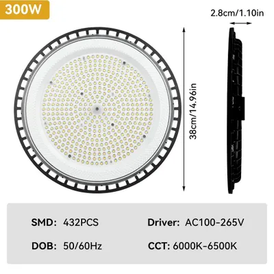 Immagine prodotto di Lampada a LED ad alta luminosità - Illuminazione industriale UFO - 300 W - Adatta per magazzini e fabbriche - Alluminio - Alimentazione AC - Non dimmerabile