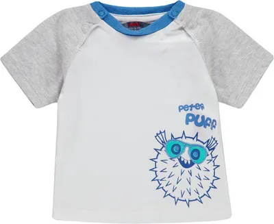 Produktbild von Kanz Kurzarmshirt mit Monster-Aufdruck, lässig geschnitten, weiß mit grauen Ärmeln, Gr. 68