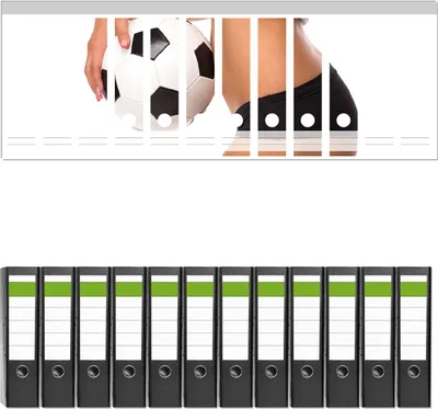 Produktbild von Wallario 12 Stück breite Ordner inkl. Klebeetiketten mit Motive Fußball - sexy Frau mit einem Fußball -  Set mit Rückenschildern / Ordnerrücken Stickern