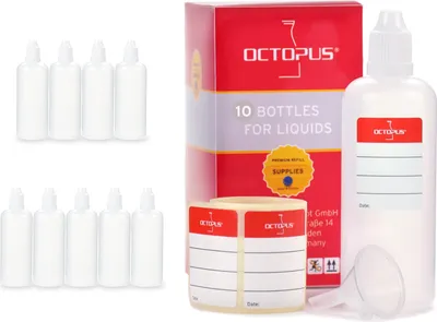 Produktbild von 10 Plastikflaschen 100 ml LDPE, G14, Tropfeinsatz, Deckel weiß, 1 Mini-Trichter