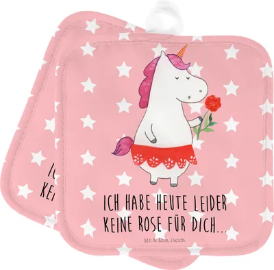 Produktbild von Mr. & Mrs. Panda topfhalter Einhorn Dame - Rot Pastell - Geschenk, Unicorn, Bachelorette, Frau, Topflappen Set, 2er, Kochlappen, Bachelor, Trennung, Einhörner