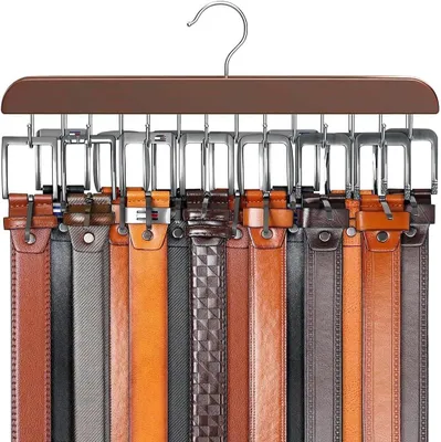 Imagen del producto de Soporte de madera para cinturones, con 14 ganchos, ideal para 42 cinturones, bufandas y corbatas. Organizador para armario