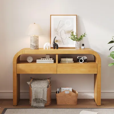 Immagine prodotto di Tavolino consolle moderno con cassetti, mobiletto stretto, tavolino d'ingresso con frontale curvo, piedini regolabili, ideale per ingresso o soggiorno, colore naturale, 120 cm