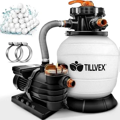 Produktbild von Sandfilteranlage Pool 10 m?/h inkl. 800g Filterbälle | Filteranlage 7-Wege Ventil & 2in1 Adapter ?32mm - 38mm | Poolfilter mit Druckanzeige | Sandfilter für Schwimmbecken (Weiß/Orange)