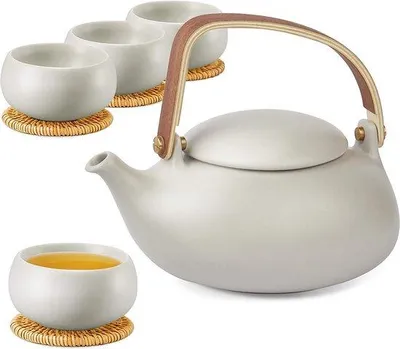 Image de Service à thé en céramique, 800 ml, gris, avec 4 tasses, poignée en bois, soucoupes