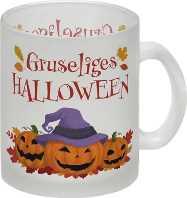 Produktbild von Gruseliges Halloween Glas Tasse mit grinsenden Kürbissen