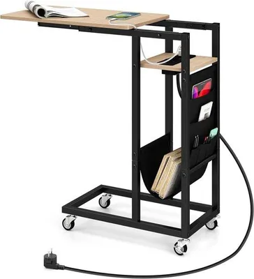 Produktbild von Famanu C-förmiger Beistelltisch mit Ladefunktion und ausziehbarem Tischblatt - Schwarz