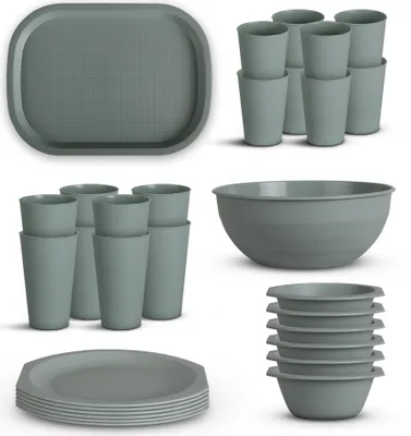 Produktbild von Geschirr Set ( Grün ) Bruchfester PP Kunststoff - BPA Frei - 30tlg. ( Schüssel, Teller, Becher, Tablett ) Spülmaschinenfest - Party Set Kinder Camping Picknick