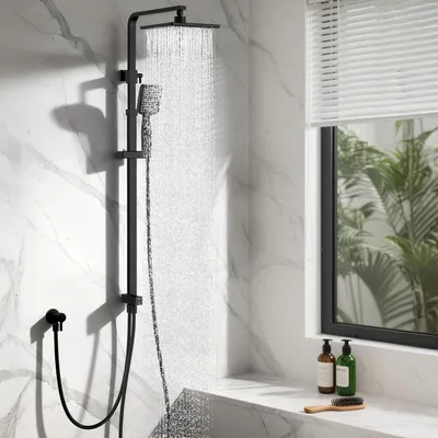 Image de Système de douche d'angle, noir, avec pommeau de douche pluie, robinet de douche en acier inoxydable et colonne réglable